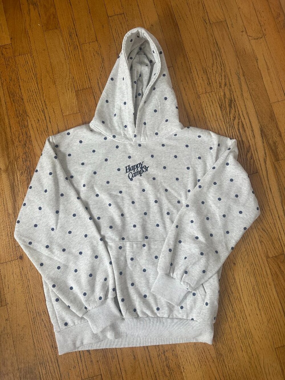 🩶Happy Camp3r Heather Gray Polka Dot Appliqué Hoodie 🩶 BRAND NEW